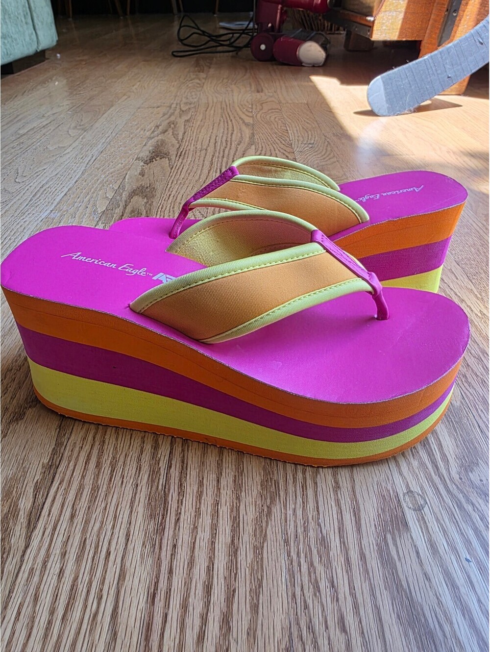 Y2K Vtg American Eagle Platform Flip Flops Chunky Wedge Pink and Orange Size 8